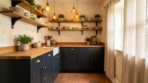 Petite cuisine ancienne aux meubles anthracite, au bois chaleureux, aux carreaux de terre cuite et à un éclairage ambré créant une atmosphère accueillante.