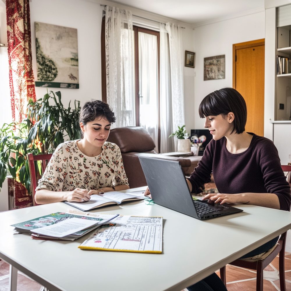 Aménagement d’un bureau pour deux personnes avec deux postes de travail, des chaises ergonomiques et des rangements dans une chambre rénovée.