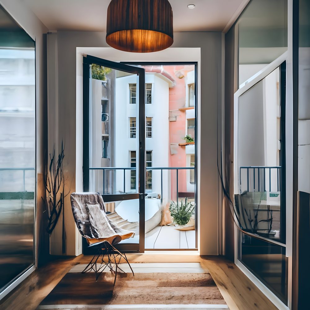 Vue d’un petit salon organisé pour faciliter l’accès à une porte-fenêtre donnant sur le balcon.