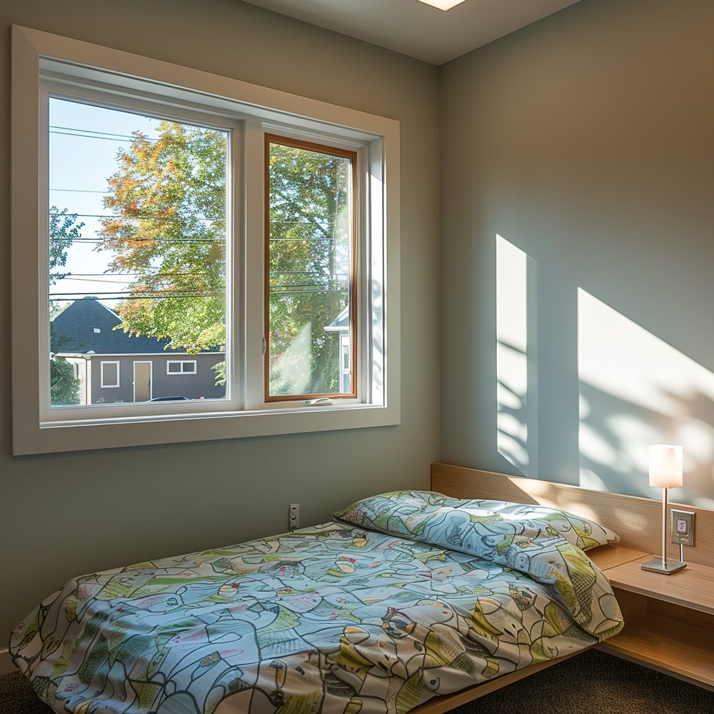 Vue d’un studio lumineux avec une fenêtre, un espace de vie fonctionnel et une circulation dégagée.
