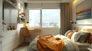 Petit studio de 24 m² aménagé autour d’une fenêtre, avec un canapé, un lit et des rangements compacts.
