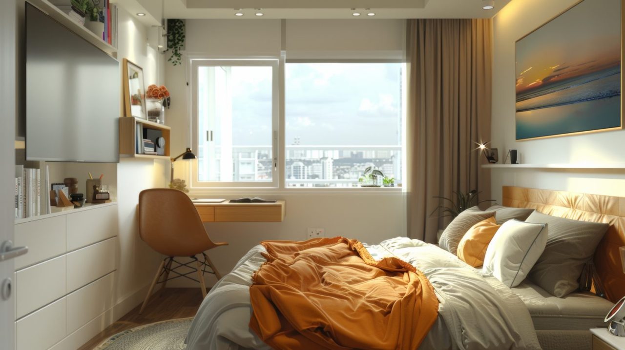 Petit studio de 24 m² aménagé autour d’une fenêtre, avec un canapé, un lit et des rangements compacts.