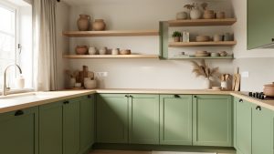 Cuisine vert sauge lumineuse décorée avec sobriété, des étagères en bois clair, quelques objets en céramique et des textiles naturels.