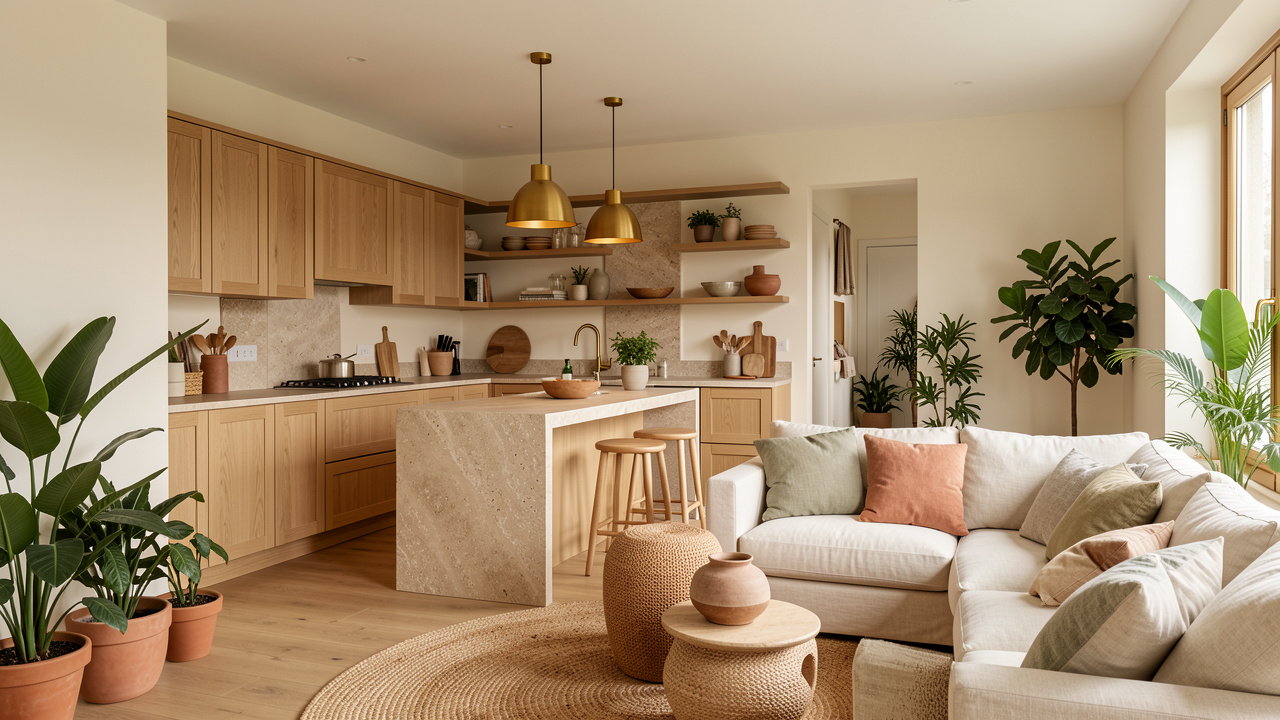 Cuisine ouverte sur un salon chaleureux et cohérent, décorés dans des tons naturels avec du bois, des textiles doux, des plantes et un éclairage doré.