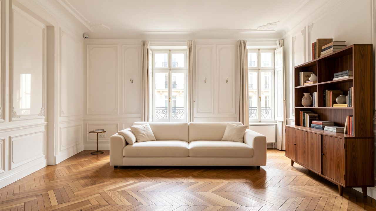 Salon haussmannien parisien lumineux avec parquet en point de Hongrie restauré, moulures blanches, canapé contemporain en laine écrue et bibliothèque en noyer.