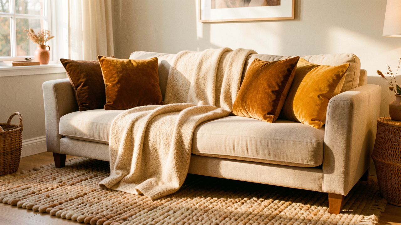 Salon lumineux aux couleurs d’automne avec un canapé beige, un plaid en laine écrue, des coussins en velours ocre et brun, un tapis en laine texturée et une douce lumière de fin d’après-midi.