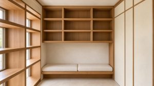 Alcôve étroite aménagée avec une bibliothèque en bois, une banquette rembourrée et des rangements intégrés.