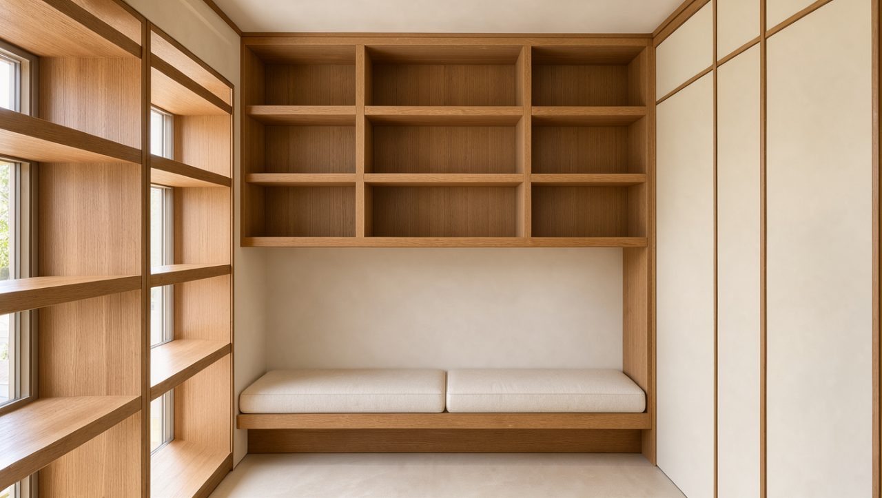 Alcôve étroite aménagée avec une bibliothèque en bois, une banquette rembourrée et des rangements intégrés.
