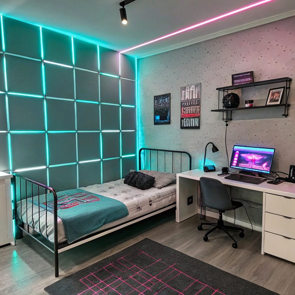 Vue d’une chambre ado gaming bien organisée, avec le mobilier regroupé contre un mur et une zone dégagée au centre.