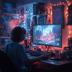 Chambre d’adolescent aménagée avec un bureau gaming compact, un écran et une chaise, tout en conservant un espace libre au sol.