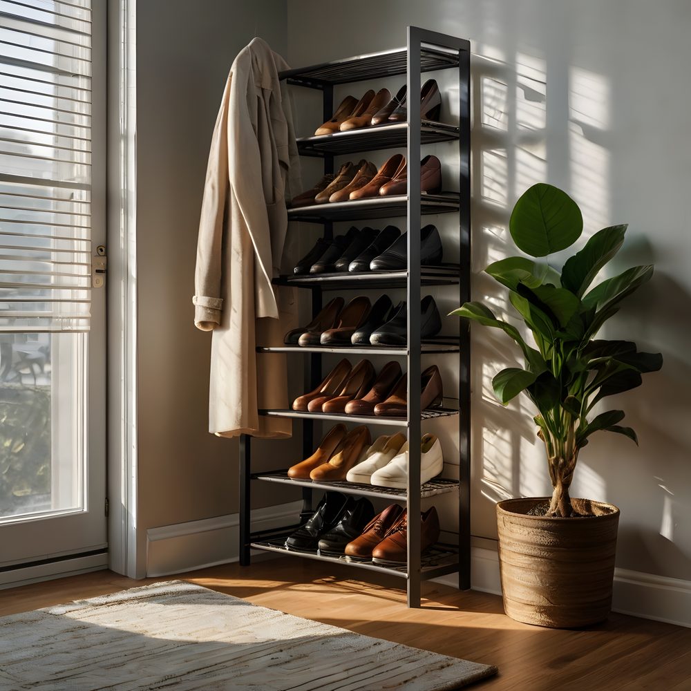 Entrée de moins de 3 m² organisée comme un sas avec miroir, panier et meuble étroit.