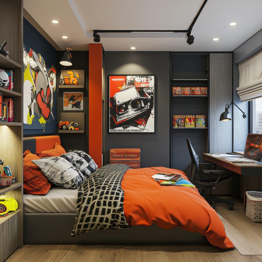 Espace complet pour adolescent avec mobilier fonctionnel, coin travail et accessoires déco.