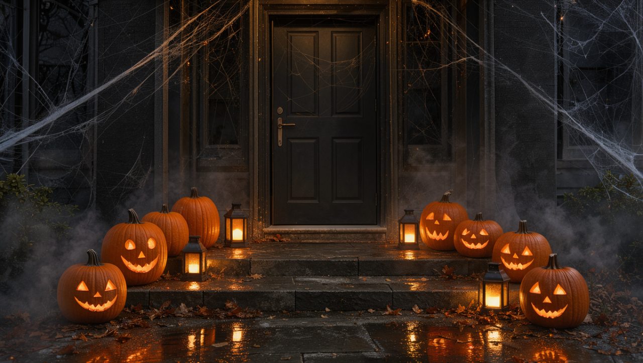 Entrée de maison décorée pour Halloween avec une porte noire ornée de toiles d’araignée, des citrouilles lumineuses et des lanternes LED dans une ambiance nocturne réaliste.