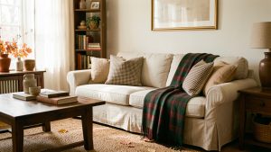 Salon automnal lumineux avec un canapé écru, un plaid tartan vert et bordeaux, des coussins à motif pied-de-poule et du mobilier en bois foncé, baigné d’une lumière douce.