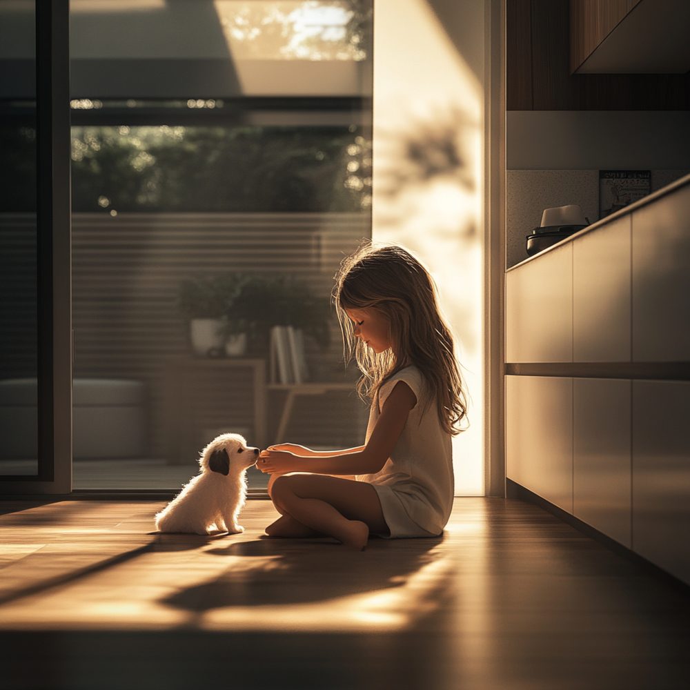 Des enfants assis avec leur chien sur un revêtement effet bois résistant, dans une pièce ensoleillée.