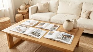 Table basse en bois clair présentant six beaux livres d’architecture d’intérieur ouverts dans un salon lumineux aux murs ivoire, décoré de matières naturelles et baigné d’une lumière douce.